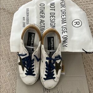 Golden Goose White Sneakers with olive green Star and dark blue laces